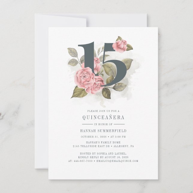 Invitation Quinceanera Aquarelle Floral rose 15e anniversaire (Devant)
