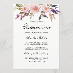 Invitation Quinceanera aquarelle floral rose marine violet