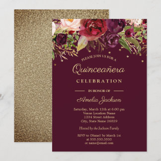 Invitation Quinceanera aquarelle florale Bourgogne