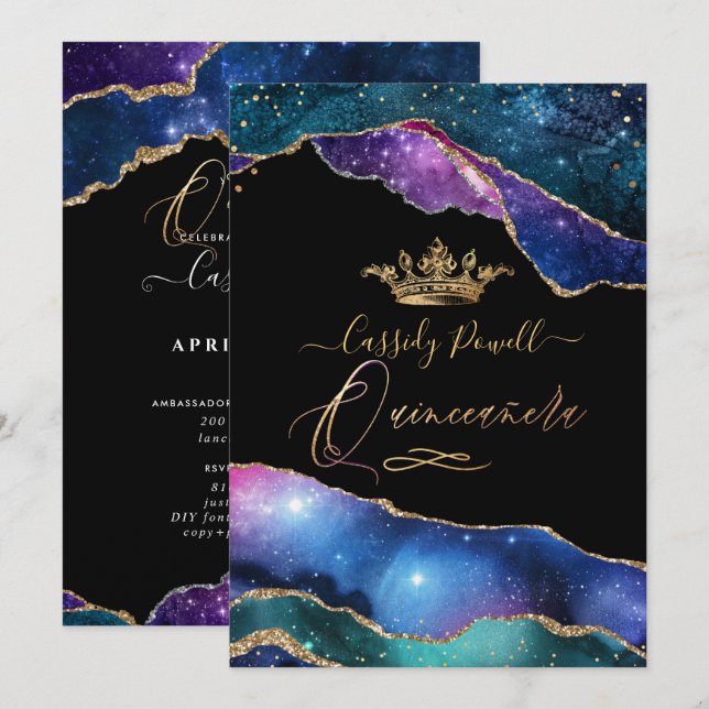 Invitation Quinceanera, Aquarelle Galaxy Agate Faux Gold (Devant / Derrière)