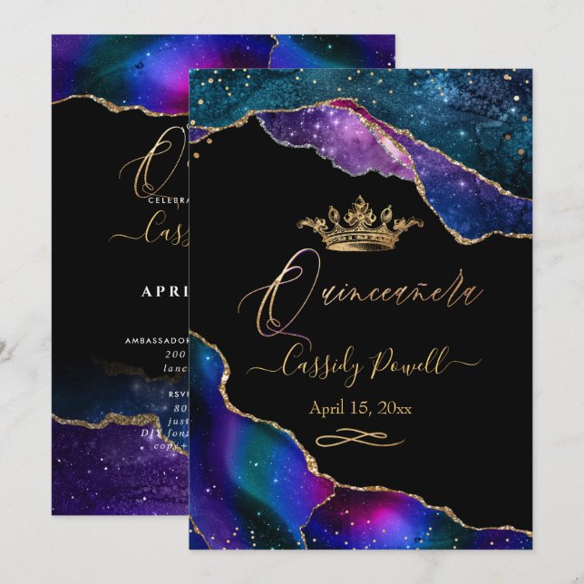Invitation Quinceanera, Aquarelle Galaxy Agate Faux Gold Inv (Devant / Derrière)