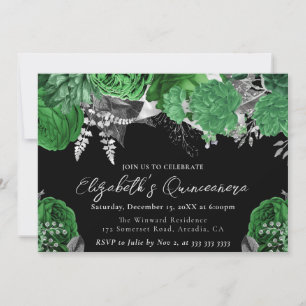 Invitation Quinceañera aquarelle Roses Vertes et Argent