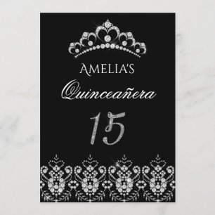 Invitation Quinceañera Argent Noir Couronne Étince