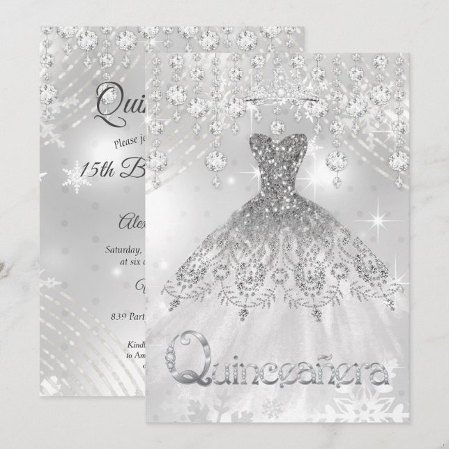 Invitation Quinceanera Argent Parties scintillant Gown Annive (Devant / Derrière)