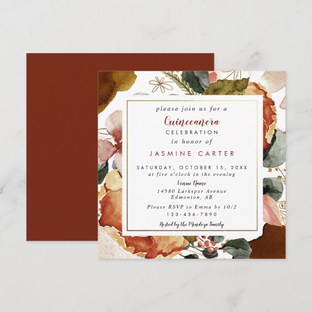 Invitation Quinceañera automne fleurs aquarelle orange (Devant / Derrière)