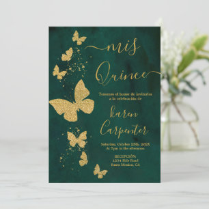Invitation Quinceanera aux papillons vert émeraude et or