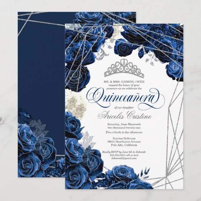 Invitation Quinceañera avec les Roses bleus de la Royal Navy  (Devant / Derrière)