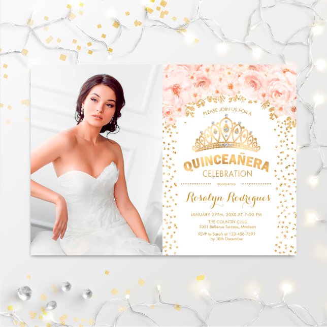 Invitation Quinceanera Avec Photo - Floral Rose Or (Créateur téléchargé)