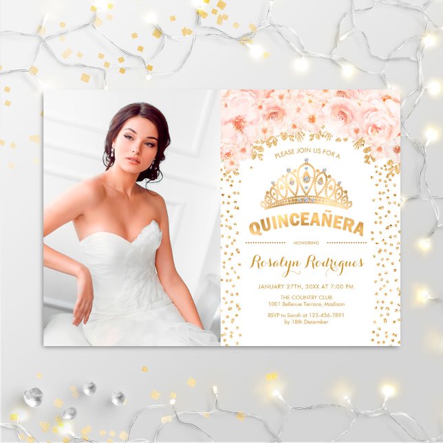 Invitation Quinceanera Avec Photo - Roses Rose Or (Créateur téléchargé)