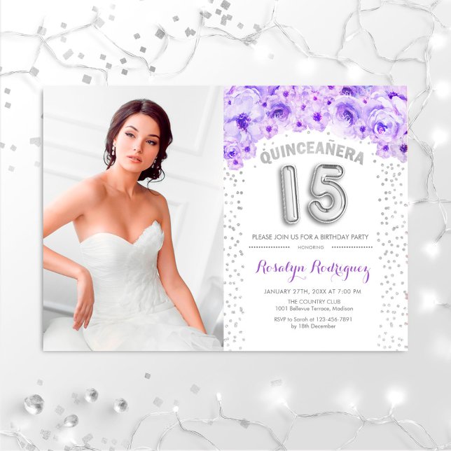 Invitation Quinceanera Avec Photo Silver Purple Floral (Créateur téléchargé)