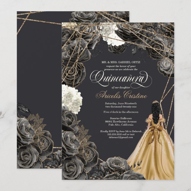 Invitation Quinceañera avec Roses noirs, Gold Gown & Parties  (Devant / Derrière)