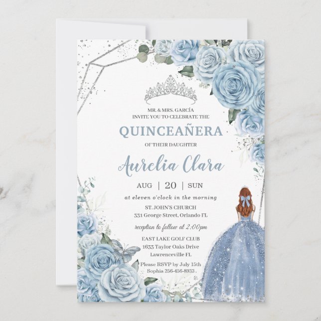 Invitation Quinceañera Baby Blue Floral Red Hair Princess 15 (Devant)