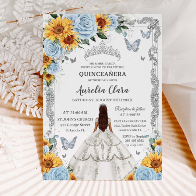 Invitation Quinceañera Baby Blue Floral Sunflowers Argent (Créateur téléchargé)