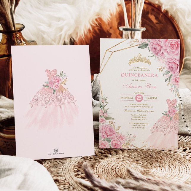 Invitation Quinceañera Baby rose Floral or princesse de la Co (Créateur téléchargé)