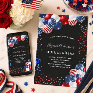 Invitation Quinceanera ballon patriotique noir rouge bleu bla
