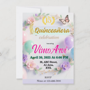 Invitation Quinceañera Ballons Pastels et Papillon