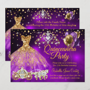 Invitation Quinceañera Ballons Violets Robe Diadème Carrosse