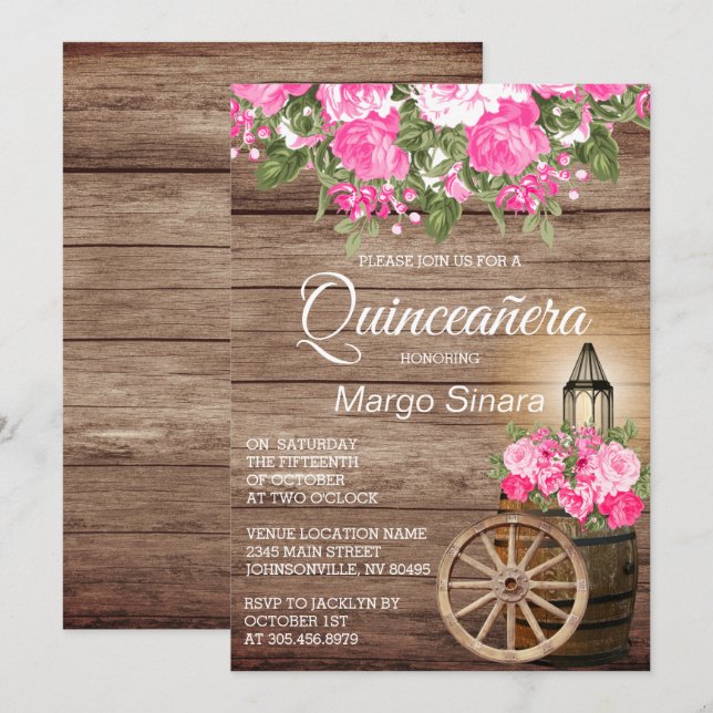 Invitation Quinceañera Baril de bois et Fleurs roses (Devant / Derrière)