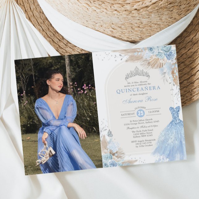 Invitation Quinceañera Bébé Bleu Argenté Bohème Mis Quince An (Créateur téléchargé)