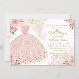 Invitation Quinceañera Bilingue Robe Rose Pâle
