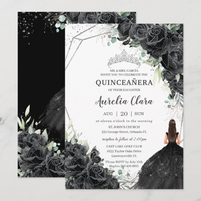 Invitation Quinceañera Black Floral Rose robe Couronne d'arge (Devant / Derrière)