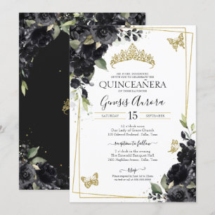 Invitation Quinceañera Black Gold Aquarelle Papillon floral