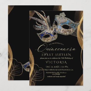 Invitation Quinceañera Black Gold Masquerade Anniversaire