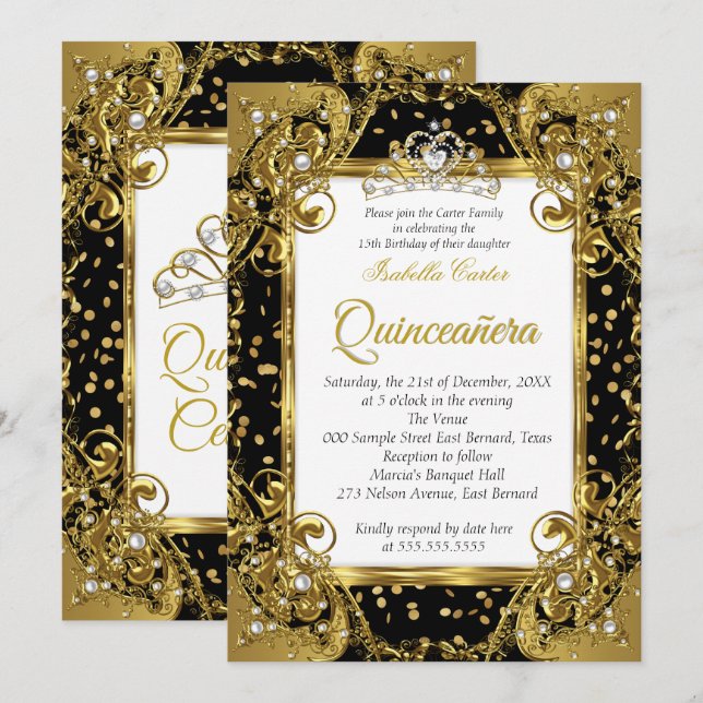Invitation Quinceanera Black Gold Pearl Tiara étincelle (Devant / Derrière)