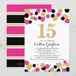 Invitation Quinceanera Black Hot Pink Gold Parties scintillan