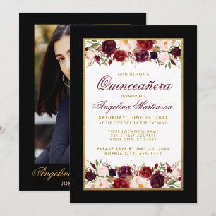 Invitation Quinceanera Black White Gold Burgundy Floral Photo