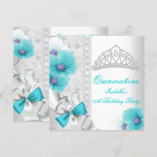 Invitation Quinceañera Blanc Bleu Turquoise Floral Diadème Di