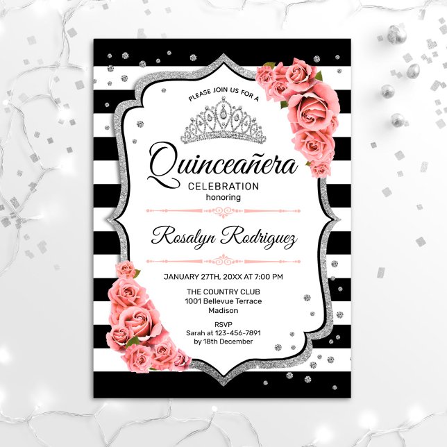 Invitation Quinceanera - Blanc Noir Noir Rose (Créateur téléchargé)