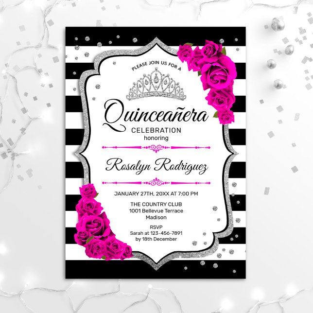 Invitation Quinceanera - Blanc noir rose argent (Créateur téléchargé)