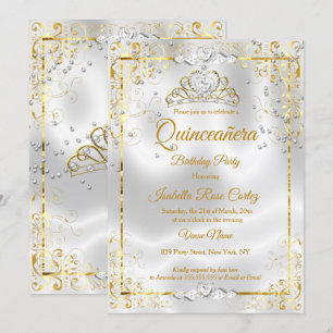 Invitation Quinceanera Blanc Or Tiara Diamond Coeurs