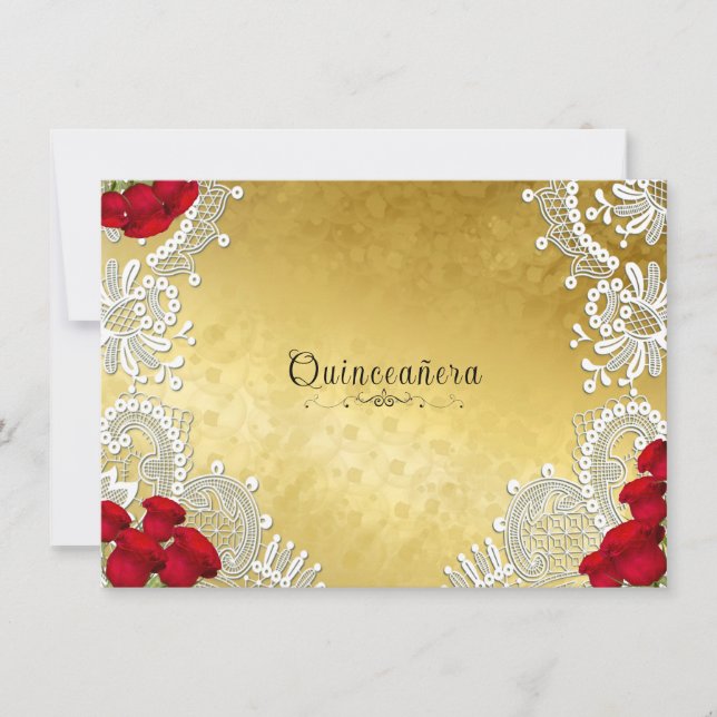 Invitation Quinceanera Blanche dentelle rouge Roses sur or (Devant)