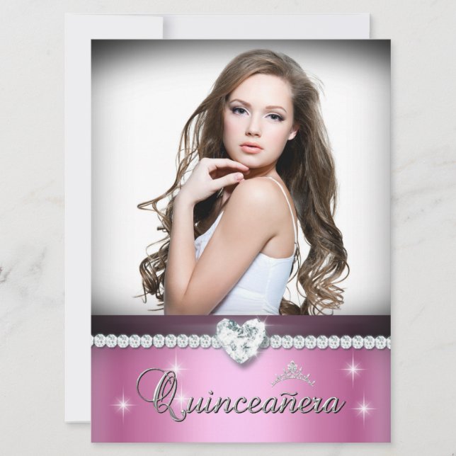 Invitation Quinceanera blanche rose 15 Faux Diamond Photo (Devant)