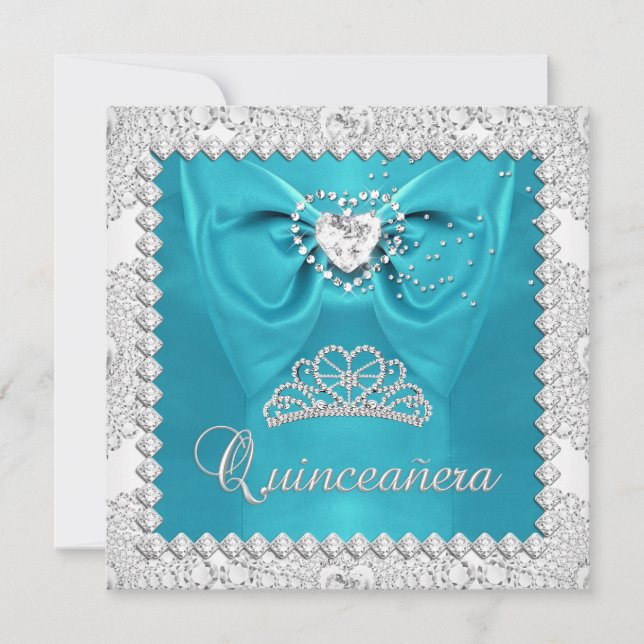 Invitation Quinceanera blanche turquoise en argent 15e annive (Devant)
