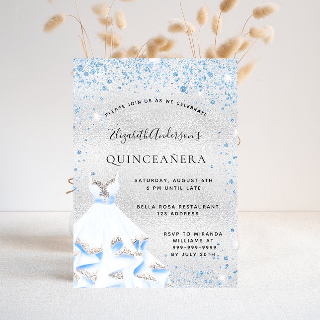 Invitation Quinceanera bleu argent brillant robe élégante (Créateur téléchargé)