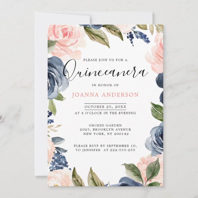 Invitation Quinceanera bleu bleu marine rose rose (Devant)
