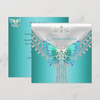 Invitation Quinceañera Bleu Canard Blanc Papillon Diamant