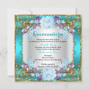 Invitation Quinceanera Bleu Canard Floral Vintage Or Pays Orn