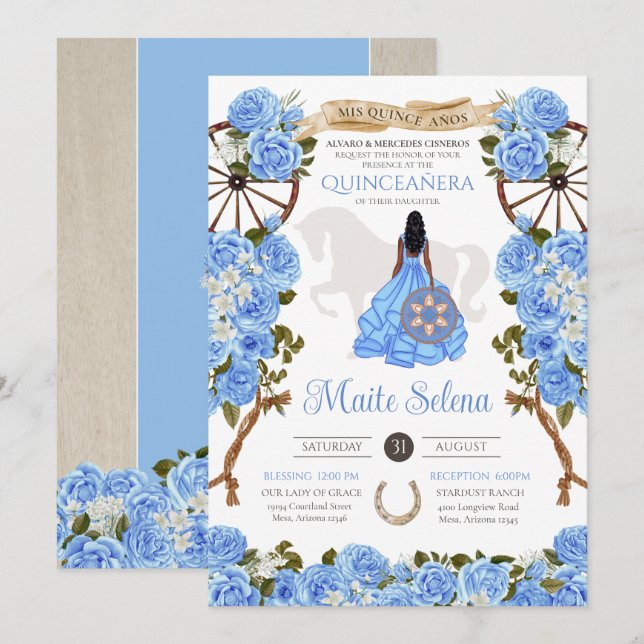 Invitation Quinceanera bleu clair élégant Rose Western Charra (Devant / Derrière)