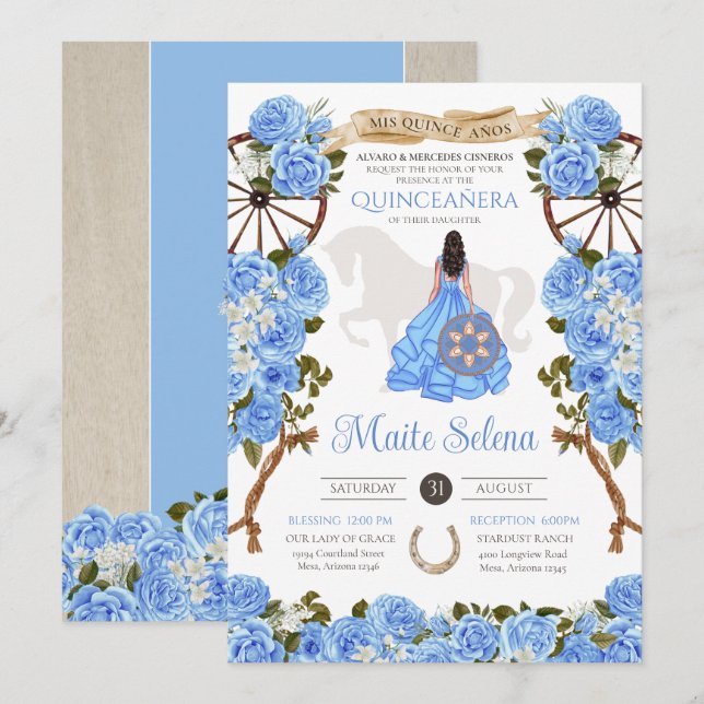 Invitation Quinceanera bleu clair élégant Rose Western Charra (Devant / Derrière)