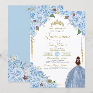 Invitation Quinceanera bleu clair Rose floral élégant coing