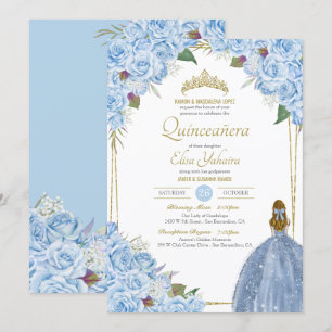 Invitation Quinceanera bleu clair Rose floral élégant coing