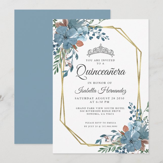 Invitation Quinceanera Bleu Dusty Cadre Or Floral (Devant / Derrière)