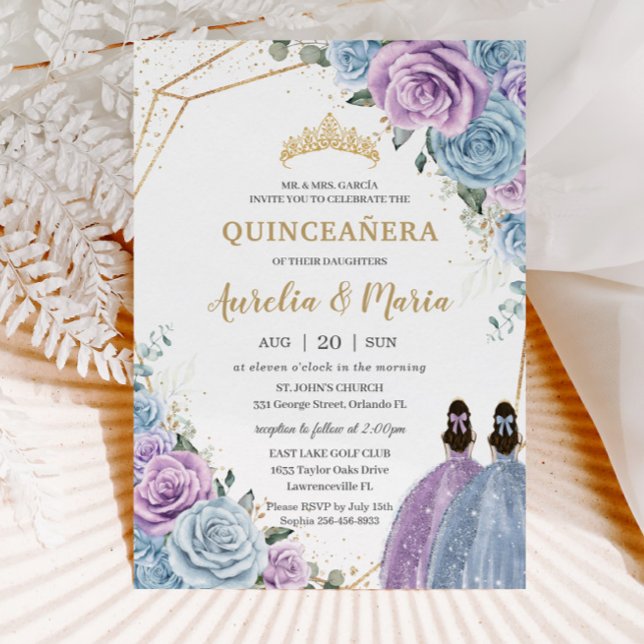 Invitation Quinceañera Bleu Lilac Violet Floral Jumeaux (beautiful baby blue lilac floral twins Quinceañera Sweet 16 birthday printed invitation cards )