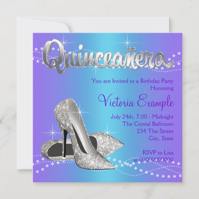 Invitation Quinceanera bleu pourpre et Turquoise (Devant)