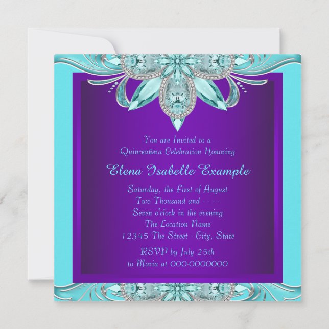 Invitation Quinceanera bleu pourpre et Turquoise (Dos)
