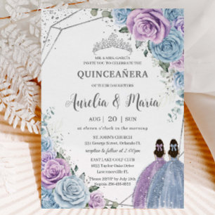 Invitation Quinceañera Bleu pourpre Lilac Jumeaux floraux